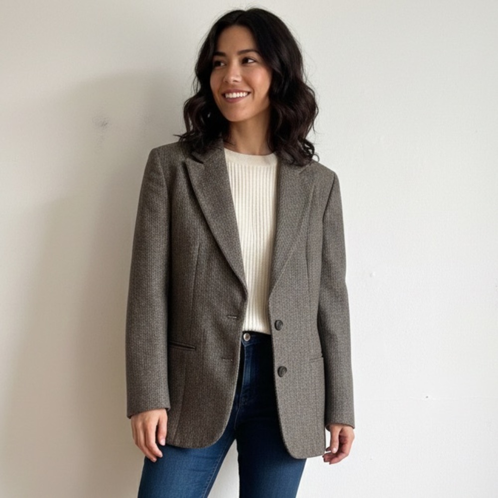 Pierre Balmain Sz 4 Vintage Wool Blend Grey Brown Micro Plaid Blazer
